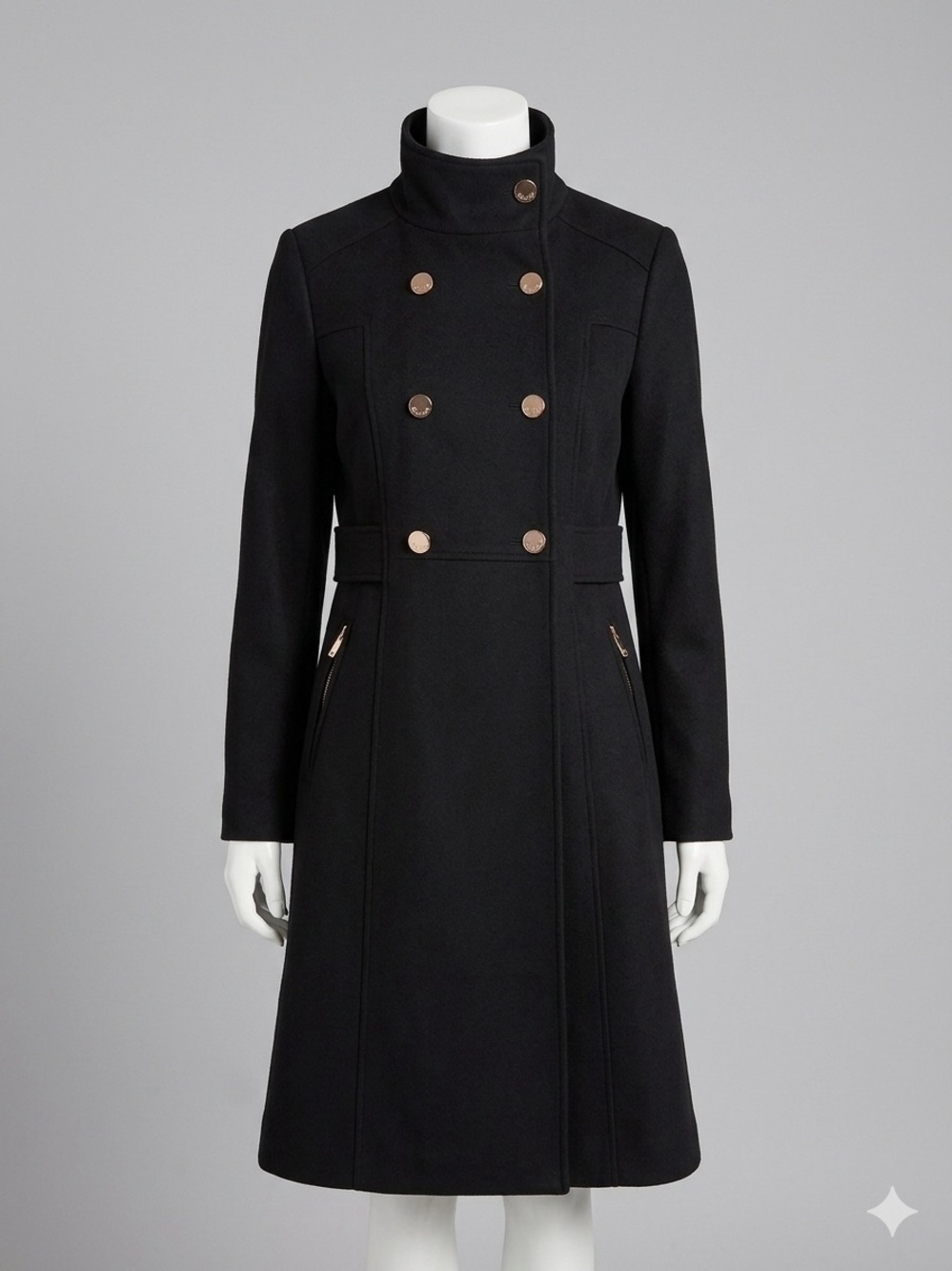 Eliza J. Wool Poly Blend Women's Black Coat with Rose Gold Buttons